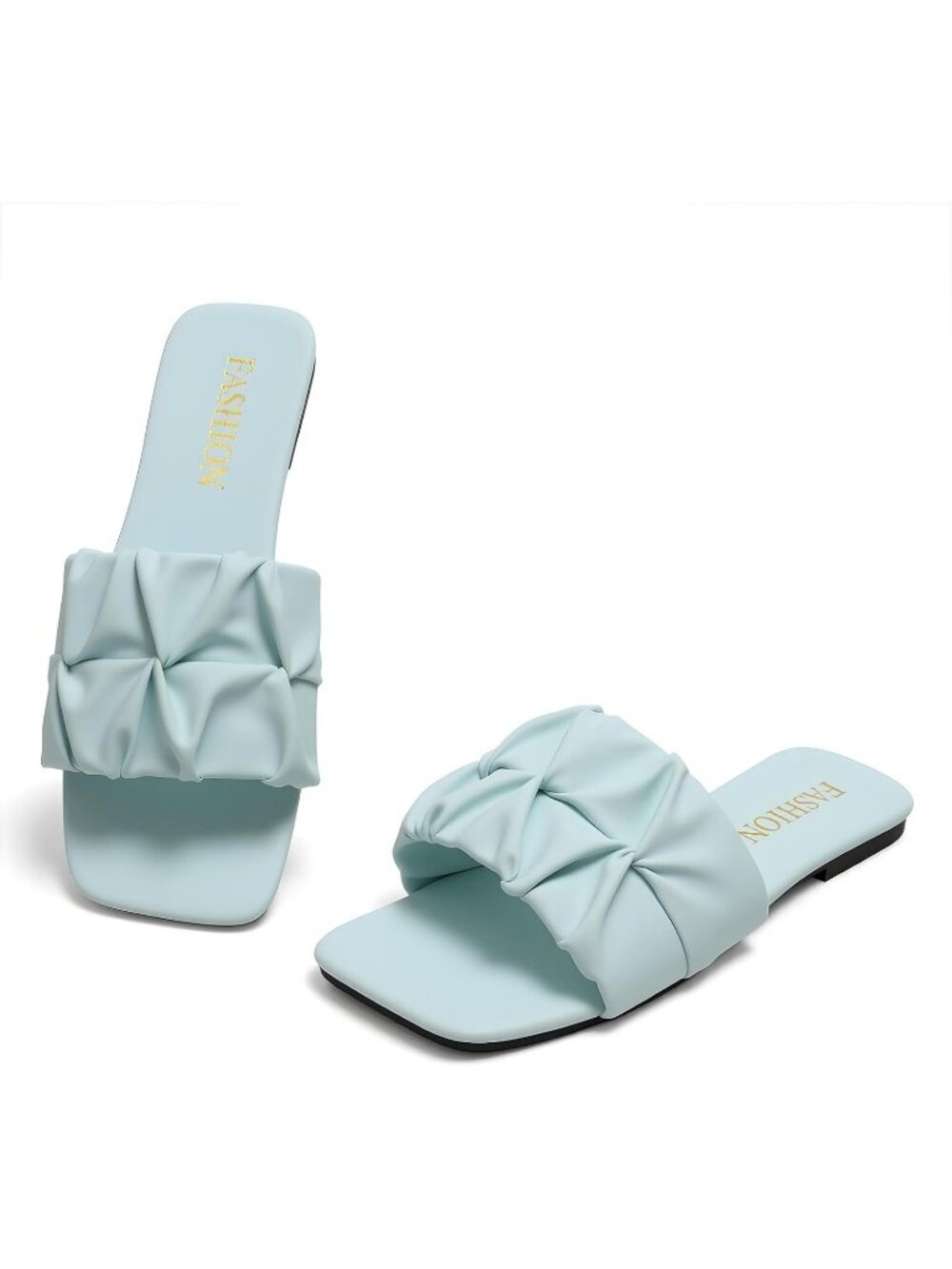 Women's Mint Green Pleated Square Toe Slide Sandals Summer Wedding Flats Shoes